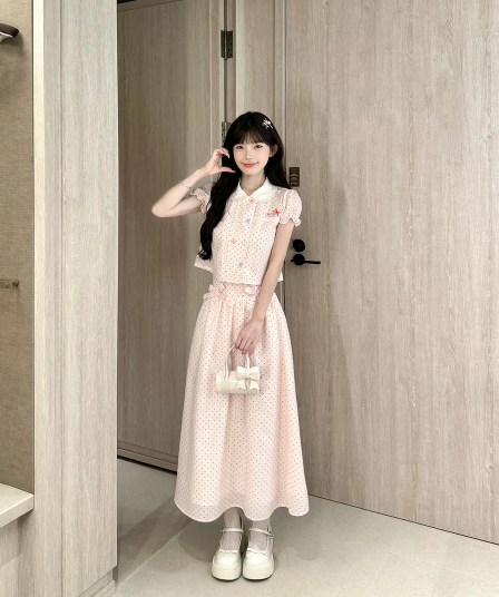 캄파넬라 세과 house 크림 도트 무늬 달콤함 천 금빛 바람 도트 무늬 셔츠 맨위 나비 매듭 반 스커트 세트