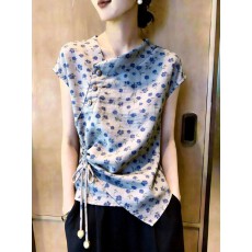 批发2026夏季新款法式碎花短袖上衣女绑带收腰显瘦气质<b class='q'>通勤</b>风别致