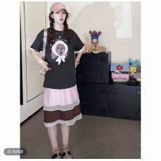 批发粉帽萌犬休闲时尚百搭粉格子小狗印花t恤半身裙<b class='q'>两件套</b>时尚套
