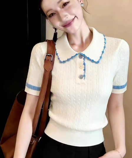 광저우 열세 개 폭발 아메리칸 배색 스트라이프 POLO 셔츠 여성 여름 반팔 얼음 실크 니트 스웨터 외국 가스 맨위
