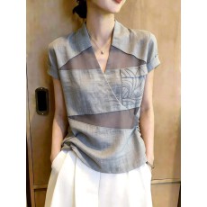 批发夏季新品法式浅灰色上衣女极简风百搭个性日常翻领高级<b class='q'>短</b>袖