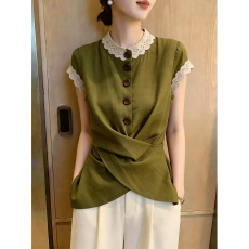 批发夏季新品军绿色上衣女蕾丝领套头日常通勤风圆领设计感<b class='q'>短</b>袖