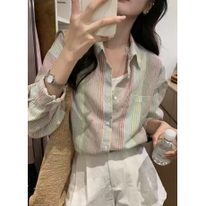 批发韩系慵懒风亚麻彩色<b class='q'>条纹</b>衬<b class='q'>衫</b>女春夏薄款外搭防晒衬<b class='q'>衣</b>开<b class='q'>衫</b>罩<b class='q'>衫</b>外套