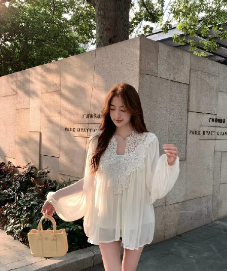 yoli 장 宥 이익 실크 플라워 전복 얕은 살구 색상 V넥 시폰 셔츠 여성 봄 부드러운 바람 루즈핏 다용도 맨위