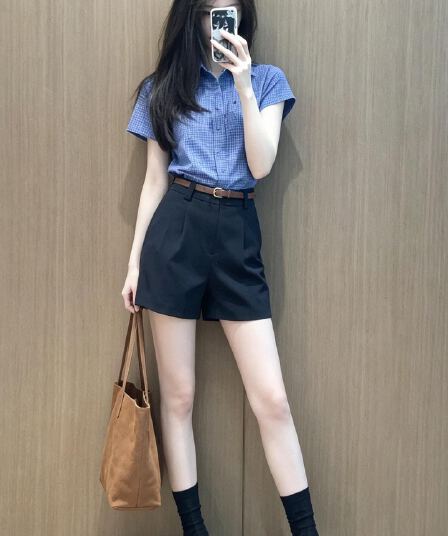 자이언트 잘 생긴 ootd 착용 가져 가라. 전체 집합 2026 새로운 폭발 파란색 반팔 여성 셔츠 여름 반바지 투피스 슈트