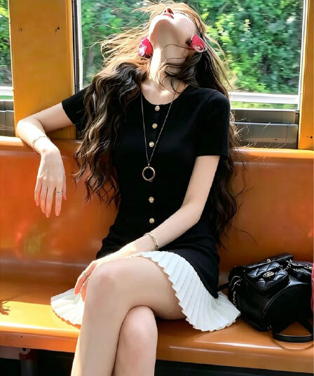 한국 명문 여성 홍콩 스타일 천 골드 프릴 니트 얼음 실크 플리츠 드레스 작은 키 숙녀 부드러운 학원 스타일