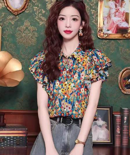 POLO 칼라 꽃무늬 셔츠 반팔 티셔츠 여성 새로운 여름 연령 감소 패션 고급 센스 작은 날다 소매 맨위