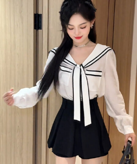 mm 프랑스식 리본 해군 칼라 여성 셔츠 가을 새로운 연령 감소 Chic 긴팔 세트
