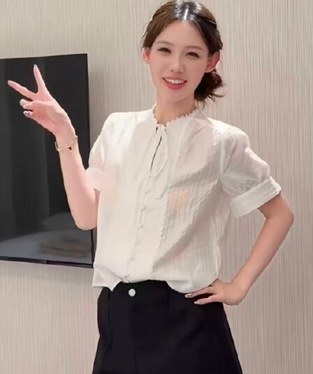 여름 새로운 품격 달콤한 스타일 화이트 레이스업 반팔 여성 셔츠 한 부서 품격 루즈핏 다용도 캐주얼 맨위