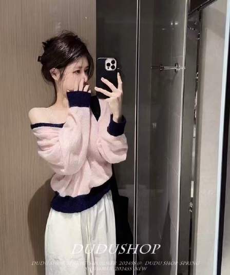 titi 아름다운 소녀 레트로 핑크색 패치워크 색상 V넥 부드러운 찹쌀 얇은 스타일 플리스 플러시 스웨터 부드러운 달콤함 맨위