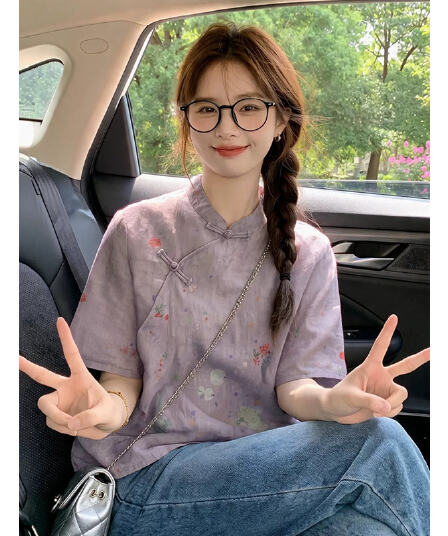 새로운 중식 국풍 절묘한 여성 의류 보라색 면 린넨 프린트 반팔 셔츠 개선 당나라 영 에디션 루즈핏 맨위