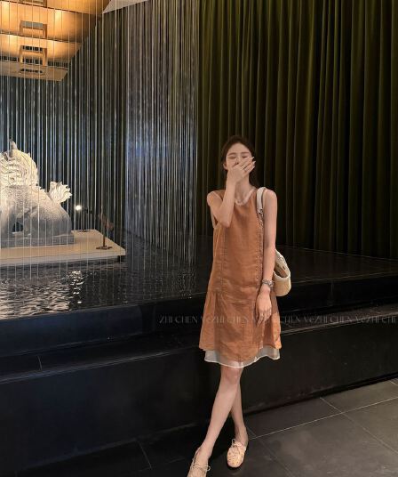 v zhi chen 바람 리 100 라미 레트로 센스 페이크 레이어드 배색 패치워크 루즈핏 드레스