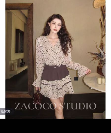 zacoco 주말 시간 여름 프랑스식 도트 무늬 V넥 허리 수축 슬림해 보이는 품격 표지 고기 긴팔 미니 스커트