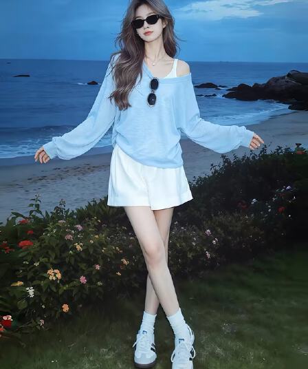 파란색 V넥 긴팔 자외선 차단 블라우스 스택 착용 조끼 여성 여름 그레이트 봐 의류 가져 가라. 화이트 반바지
