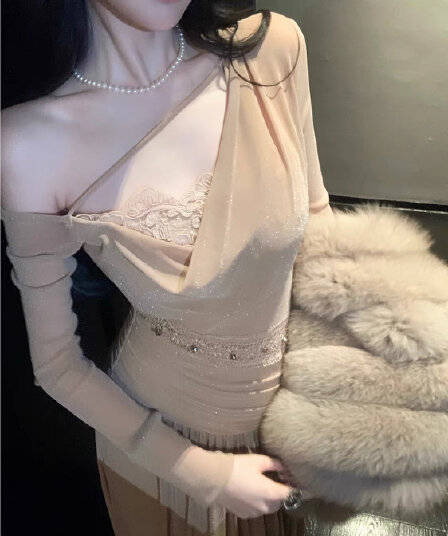 syqiao 우아한 조 샴페인 저녁 식사 비스듬한 어깨 흔들다 칼라 불규칙 긴팔 드레스
