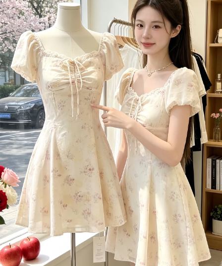 프랑스식 품격 순수한 욕망 바람 꽃무늬 드레스 여름 신선함 새로운 몸매 가꾸기 달콤함 작은 대중 허리 수축 레이스업 미니 스커트