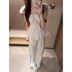 批发白色<b class='q'>亚麻</b>套装女夏提花小飞袖上衣慵懒风垂感休闲宽松阔腿裤两件套