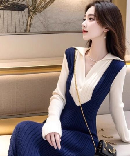 국가 빛 럭셔리 V넥 니트 여성 드레스 2026 가을 겨울철 고급 센스 허리 수축 레이스업 중간 길이 품격 치마