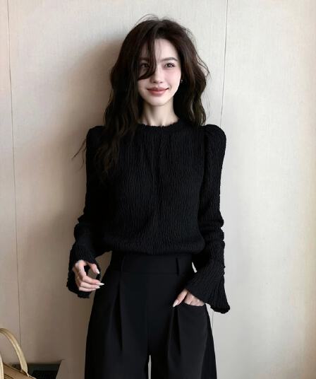 빛 럭셔리 바람 고급 센스 품격 검정색 여성 셔츠 봄 2026 새로운 디자인 센스 작은 대중 셔츠 슬림해 보이는 맨위