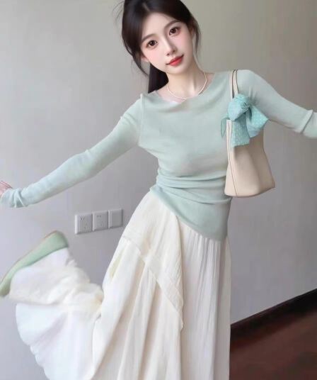 이른 가을 ootd 코디 전체 집합 부드러운 착용 가져 가라. 작은 키 아름다운 니트 스웨터 반신 스커트 투피스 슈트