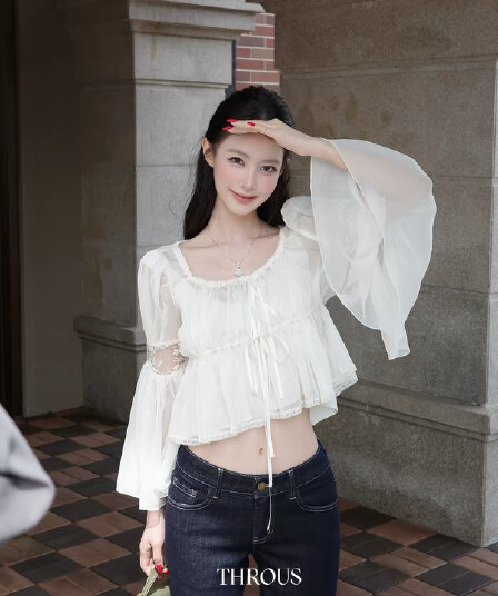 감사합니다. 아니요 고기 레이스 광장 칼라 펌프 Pleat 패치워크 나팔 소매 허리 수축 시폰 셔츠 여성 가을 부드러운 바람 쇼트 스타일 맨위