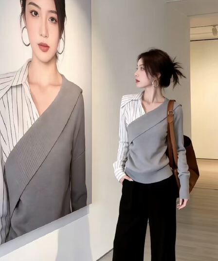 품격 출퇴근 가을 V넥 빛 요리 한 프랑스식 바람 페이크 레이어드 스트라이프 여성 셔츠 디자인 센스 긴팔 맨위 2026