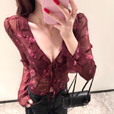 批发法式复古红色碎花V领<b class='q'>衬衫女</b>夏季简约设计感纯欲修身气质休闲上衣