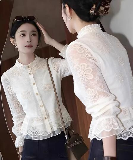 프랑스식 낭만주의 바람 레이스 자수 여성 셔츠 봄 새로운 Chic 프릴 긴팔 셔츠 품격 맨위 트렌디