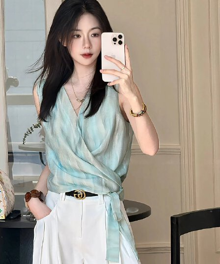 박하 깃발 십자가 포장 레이스업 맨위 작은 대중 디자인 분위기 센스 리본 작은 셔츠