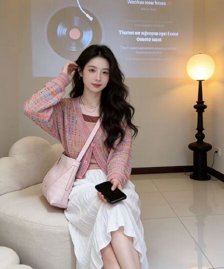 느슨함 센스 착용 가져 가라. 세트 핑크색 오픈 가디건 맨위 루즈핏 슬림해 보이는 치마 아이들 투피스 세트 코디 전체 집합