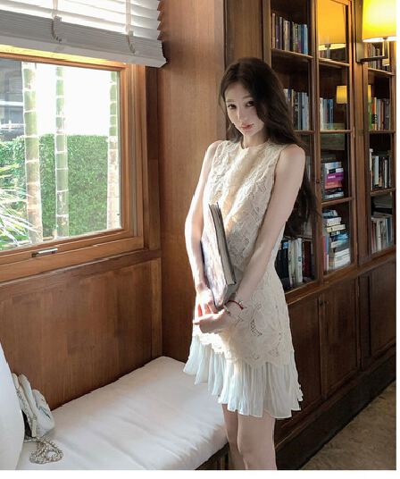 맞춤 고급 고급 여성 의류 프랑스식 작은 샤넬 스타일 자수 프릴 백리스 레이스 드레스