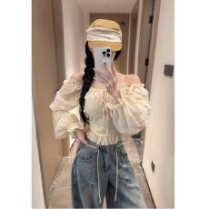 批发原版原料法式一字肩衬衫女荷叶边短款泡泡袖蕾丝氛围感小<b class='q'>上衣</b>