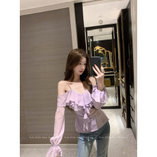 批发浪漫诗意紫色V领荷叶边<b class='q'>雪纺</b>衫女秋简约气质露肩<b class='q'>上衣</b>