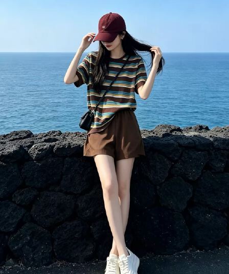 항구 바람 느긋한 바람 캐주얼 스포츠 슈트 여성 여름 레트로 스트라이프 반팔 티셔츠 넓은 다리가 짧다. 바지 얇은 스타일 투피스 세트
