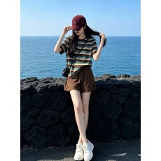 批发港风慵懒风休闲运动套装女夏复古条纹<b class='q'>短袖</b>T恤阔腿短裤薄款两件套