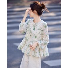 批发法式气质优雅印花绣花衬衫新款蕾丝领口显瘦淑女小衫
