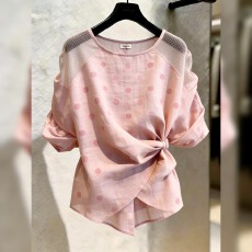 批发夏季新款元气轻活风粉色波点网纱拼接<b class='q'>上衣</b>女蝴蝶结系带气质