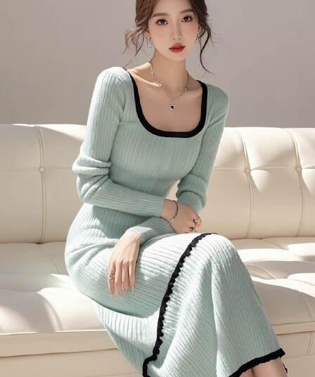 경기 코트 인사이드 가져 가라. 롱 코트 만나는 스웨터 드레스 허리 수축 슬림해 보이는 품격 긴팔 광장 칼라 니트 여성 드레스 가을 겨울