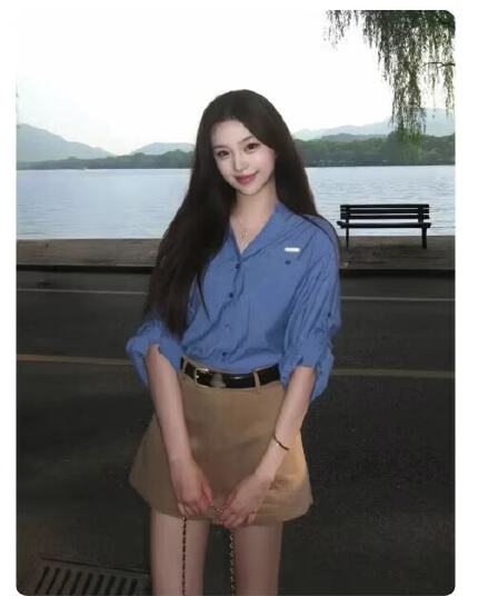 고급 센스 톰 글 래 원인 블루 긴팔 여성 셔츠 여름 루즈핏 자외선 차단 셔츠 재킷 카키 색 미니 스커트 투피스 세트