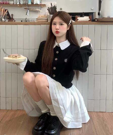 학원 스타일 이른 가을 착용 가져 가라. 전체 집합 배색 패치워크 페이크 레이어드 오픈 가디건 스웨터 플리츠 반신 치마 투피스 세트