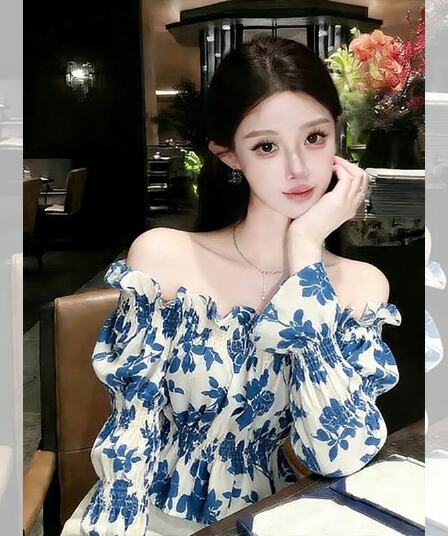 프랑스식 Chic 오프숄더 맨위 여성 봄 드레스 새로운 꽃무늬 셔츠 chic 오프숄더 긴팔 달콤함 셔츠
