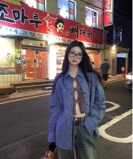 팬 지혜 조 miu 부서 블루 체크무늬 긴팔 여성 셔츠 가을 느긋한 바람 캐주얼 루즈핏 셔츠 패션 다용도 재킷
