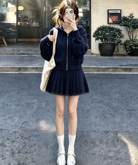 자이언트 잘 생긴 ~ 중 이른 가을 전체 집합 단색 소금 부서 빛 요리 한 몸매 가꾸기 니트 재킷 A라인 스커트 두 조각 여성 세트