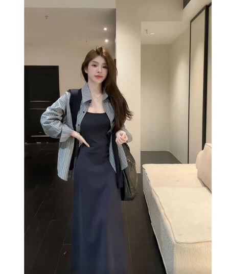 huihui 이른 가을 새로운 디자인 센스 작은 대중 긴팔 숄 스트라이프 셔츠 코디 롱 스커트