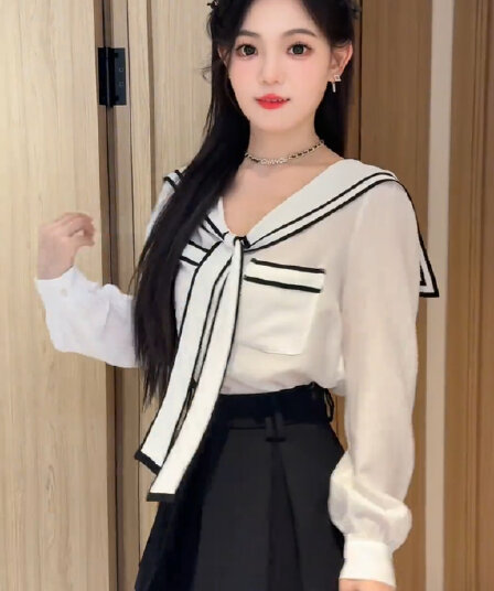 mm 프랑스식 리본 해군 칼라 여성 셔츠 가을 새로운 연령 감소 Chic 긴팔 세트