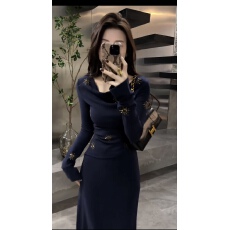 批发法式高级感轻奢时尚套女装设计感荡领烫钻长袖T恤<b class='q'>高腰</b>直筒半身裙