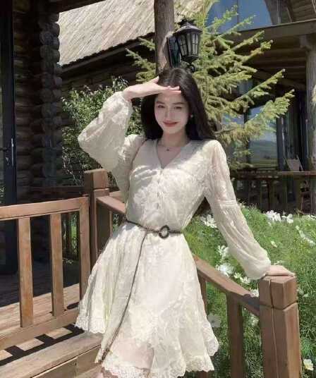 링 茜 거만한 와우 광야 모 바람 프랑스식 질감 센스 자수 여성 드레스 이른 가을 아름다움 라드. V넥 화이트