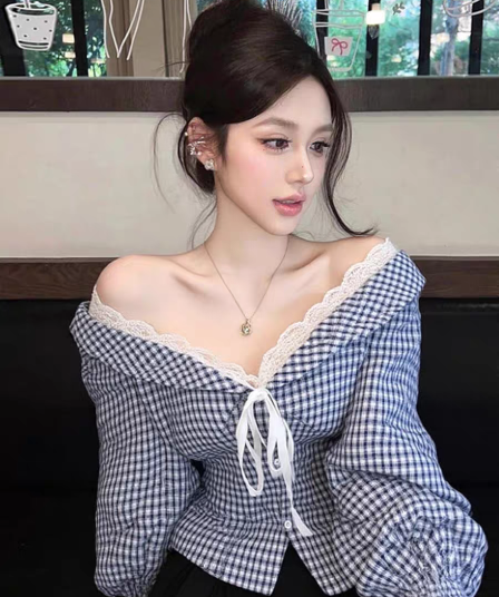 올해 인기 파란색 체크무늬 오프숄더 여성 셔츠 가을 연령 감소 패션 외국 가스 레이스업 레이스 셔츠