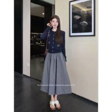 批发韩系藏蓝色圆领提花排扣针织衫法式格子<b class='q'>半身裙</b>套装