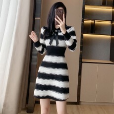 批发韩国气质温柔淑女港式<b class='q'>复古</b>小香风条纹蝴蝶结针织毛衣<b class='q'>连衣裙</b>高级感